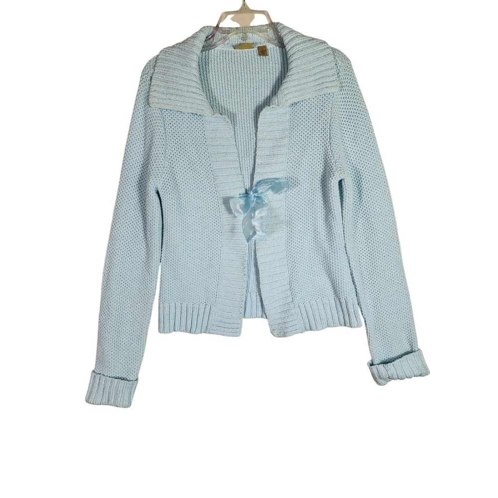Caslon L Open Front Ribbon Tie Cardigan Sweater Blue Knit Balletcore Romantic